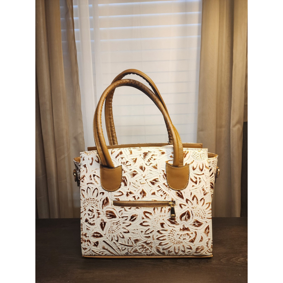 Gold White Sunflower Embossed Tooled Artisan LEATHER Crossbody Handbag Purse - Picture 6 of 15